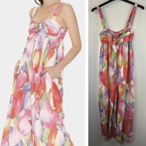 Pepaloves Playsuit Wide Leg Floral Watercolor Jumpsuit Bow Tie Front Pocket Sz M